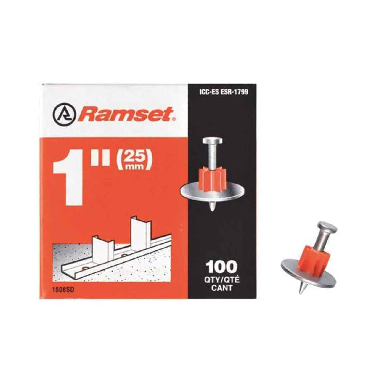 The RAMSET 1508SD 1 in. Drive Pins with Washers (100-Pack) by Ramset are ideal for use with powder actuated tools, providing reliable fastening for concrete and steel.